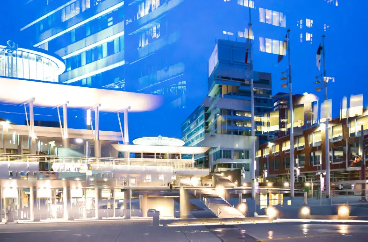 Kitchener City Hall at night in downtown Kitchener, Ontario