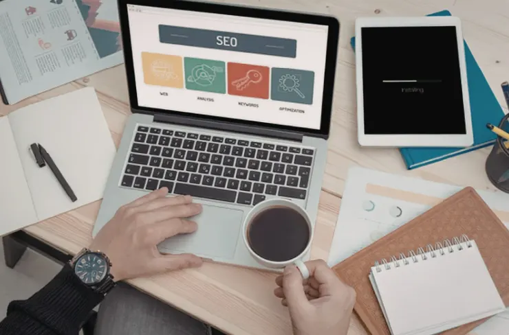 SEO strategy planning session with keyword research on a laptop